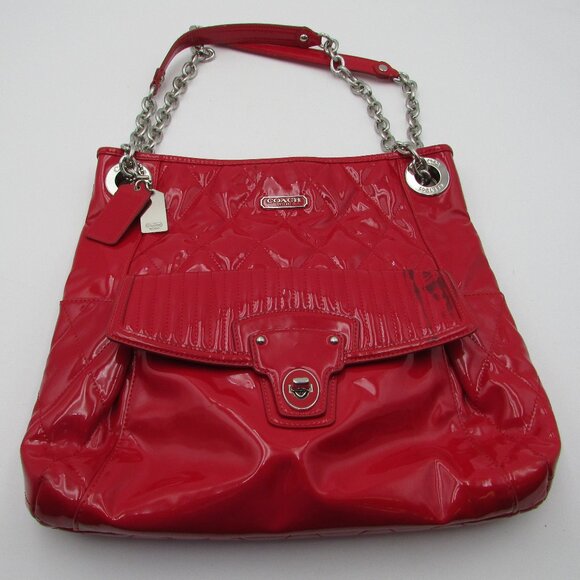 Coach Liquid Gloss Collection Red High Shine Shoulder Bag Purse Chain Strap - Picture 15 of 16